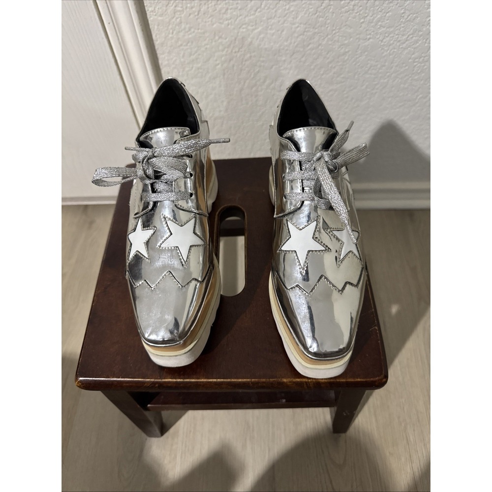 Stella McCartney Silver Faux Leather Elyse Star Platform Sneakers Size 39 Italy